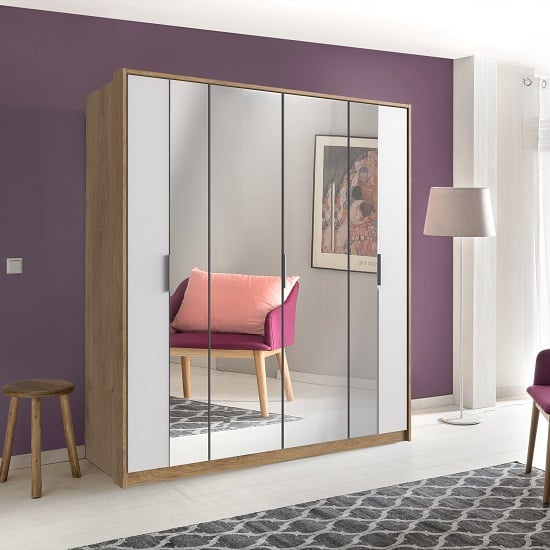 Perla Mirrored Wardrobe Large In Planked Oak Effect And White