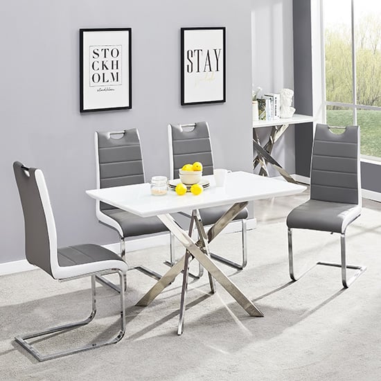 Read more about Petra small white glass dining table 4 petra grey white chairs