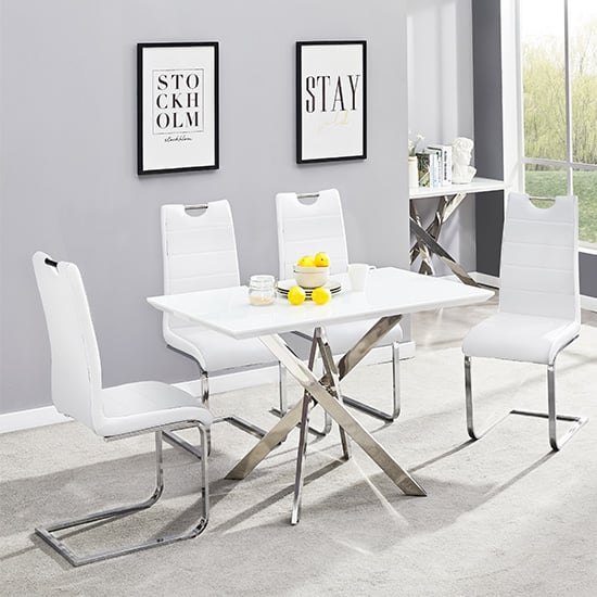 Product photograph of Petra Small White Glass Dining Table With 4 Petra White Chairs from Furniture in Fashion