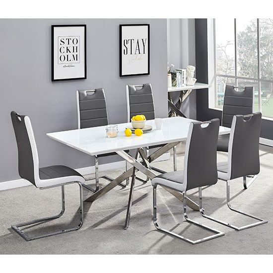 Read more about Petra large white glass dining table 6 petra grey white chairs
