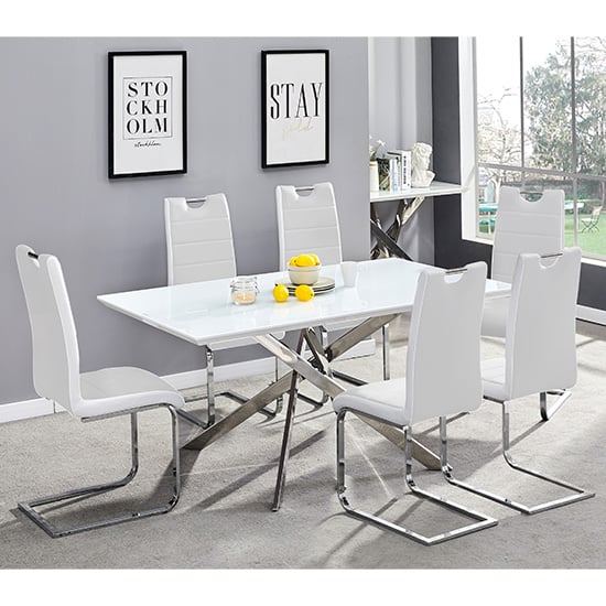 Product photograph of Petra Large White Glass Dining Table With 6 Petra White Chairs from Furniture in Fashion