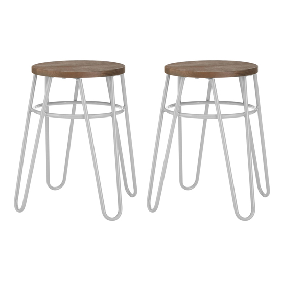 Read more about Pherkad wooden hairpin stools with grey metal legs in pair