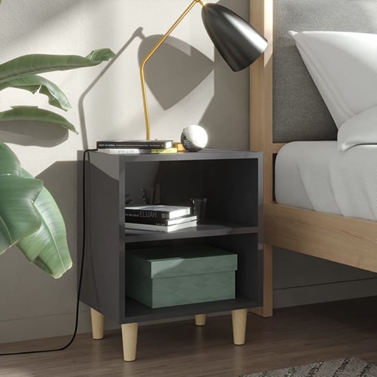 Read more about Pilis high gloss bedside cabinet in grey with natural legs