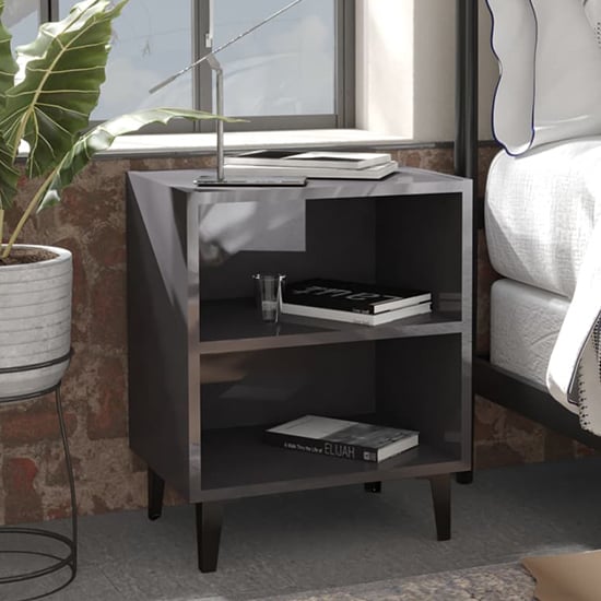Product photograph of Pilvi High Gloss Bedside Cabinet In Grey With Metal Legs from Furniture in Fashion