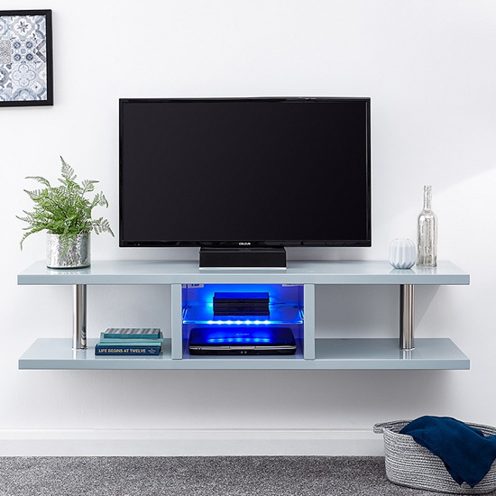 Product photograph of Powick High Gloss Wall Mounted Tv Stand In Grey With Led from Furniture in Fashion
