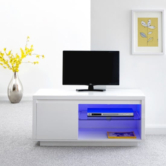 Product photograph of Powick Tv Stand In White High Gloss With Led Lighting from Furniture in Fashion
