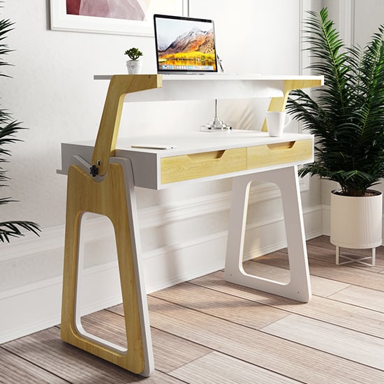 Photo of Poole high gloss lift-up computer desk in white and oak