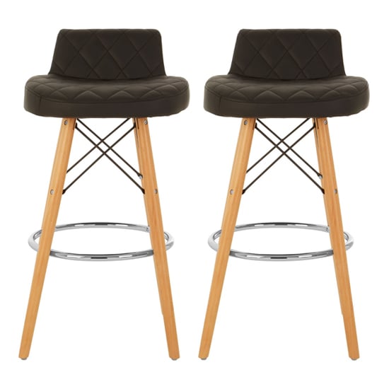 Read more about Porrima black faux leather bar stools with natural legs in pair