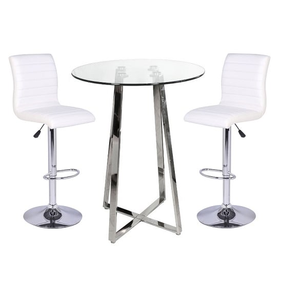 View Poseur bar table in clear glass with 2 ripple white bar stools