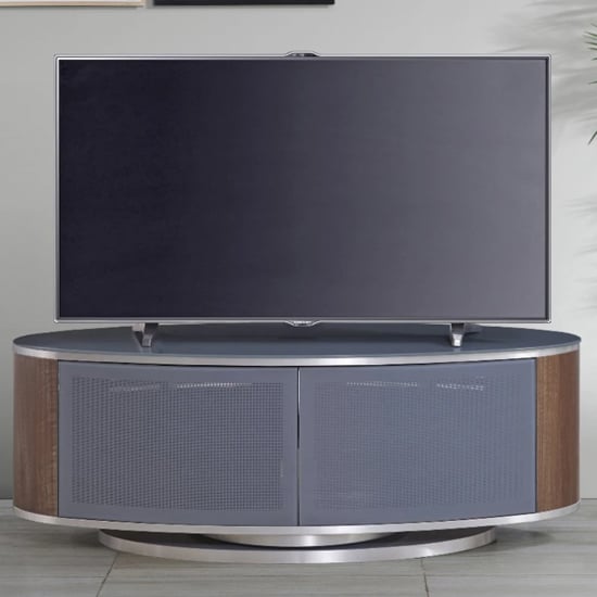 Product photograph of Lanza High Gloss Tv Stand With Push Doors In Grey And Walnut from Furniture in Fashion