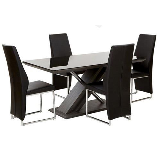 Photo of Prica black glass top dining table with 4 crystal black chairs