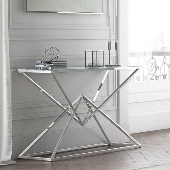 Photo of Penrith glass console table with polished stainless steel base