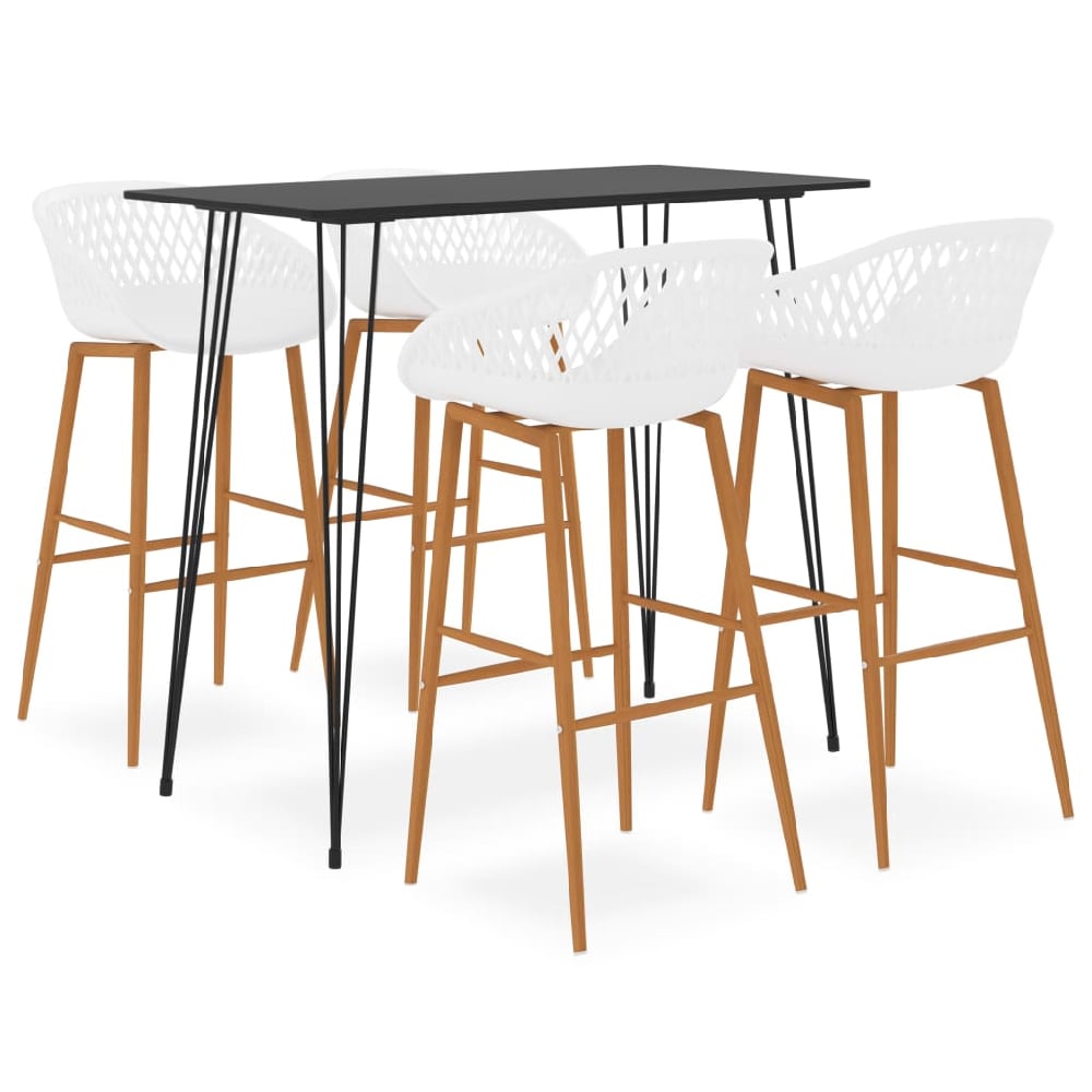 pullman black wooden bar table with 4 metal stools in white oak