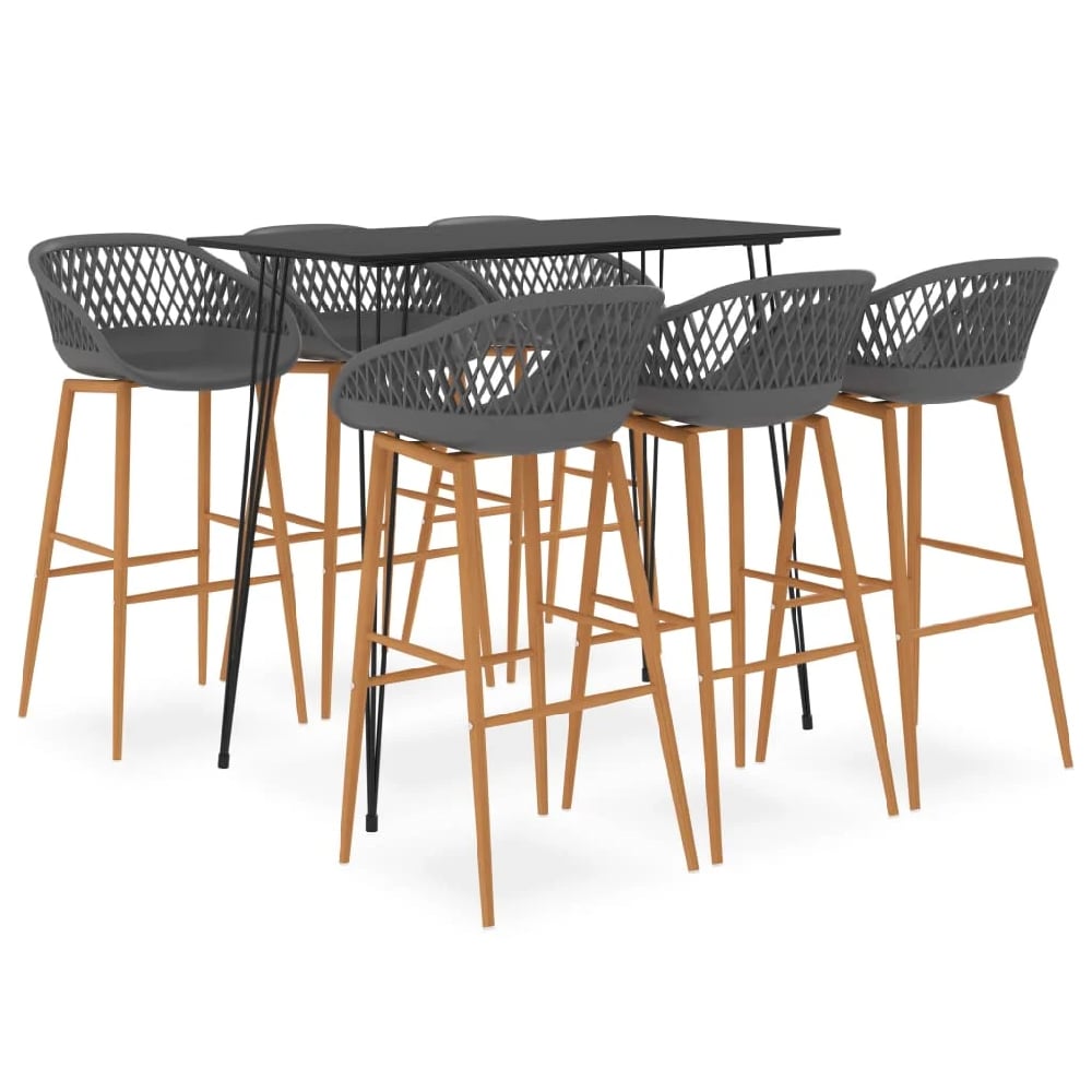 pullman black wooden bar table with 6 metal stools in grey oak