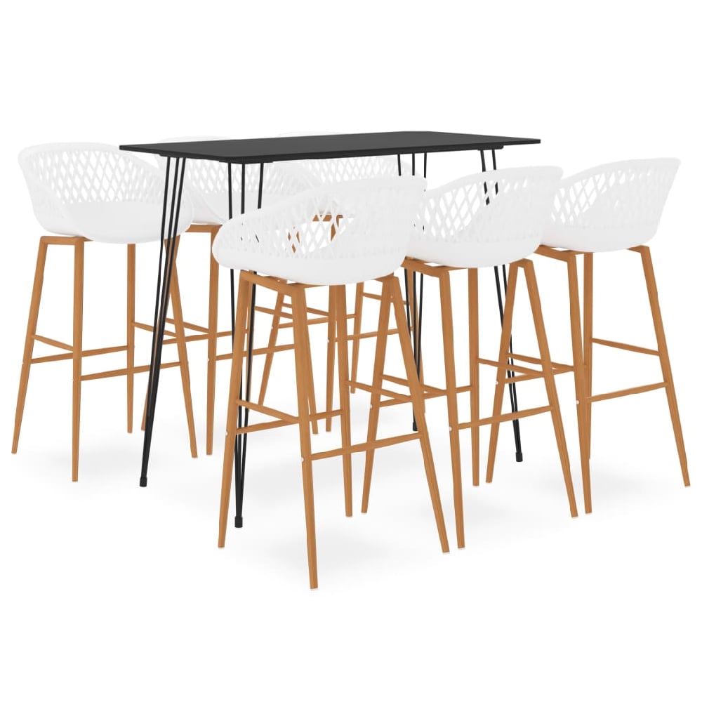 pullman black wooden bar table with 6 metal stools in white oak