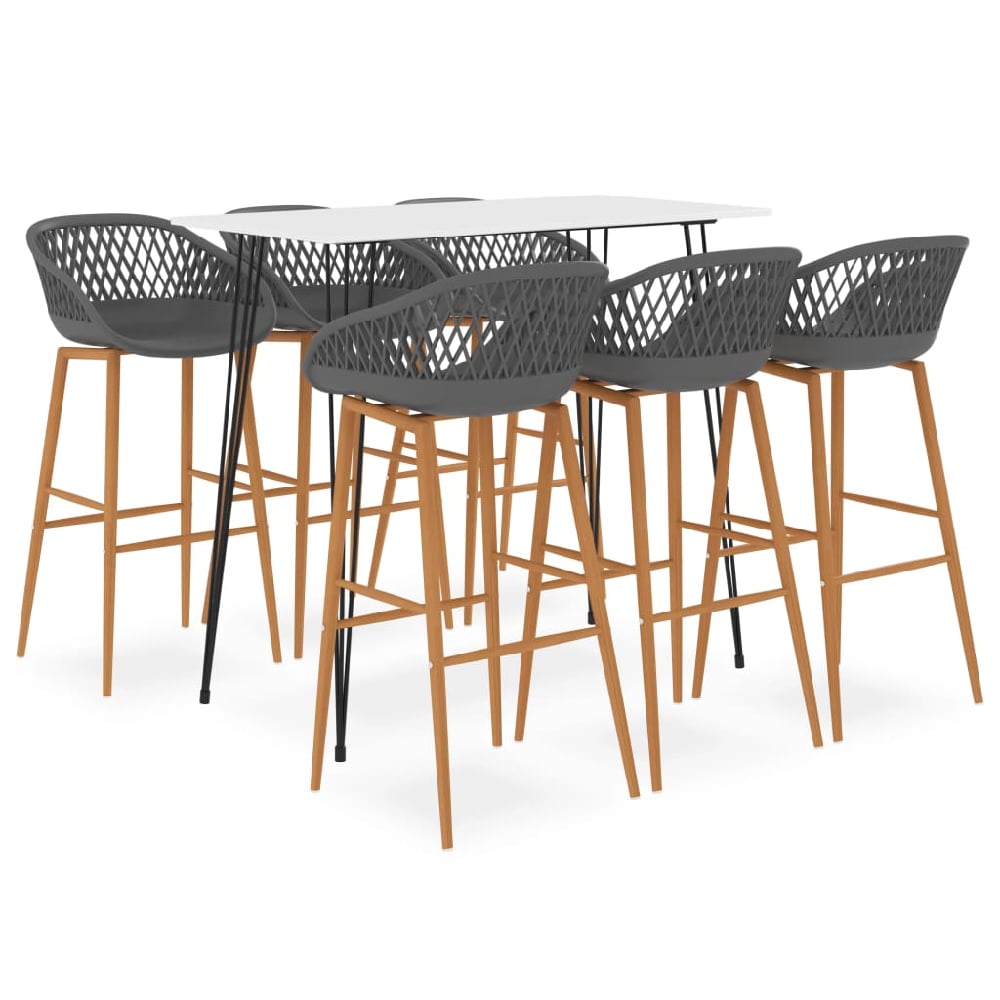 pullman white wooden bar table with 6 metal stools in grey oak