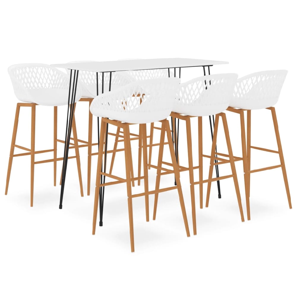 pullman white wooden bar table with 6 metal stools in oak