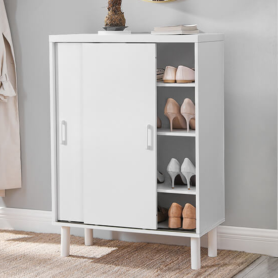 Quapaw 2 Sliding Doors Shoe Storage Cabinet In White | Sale