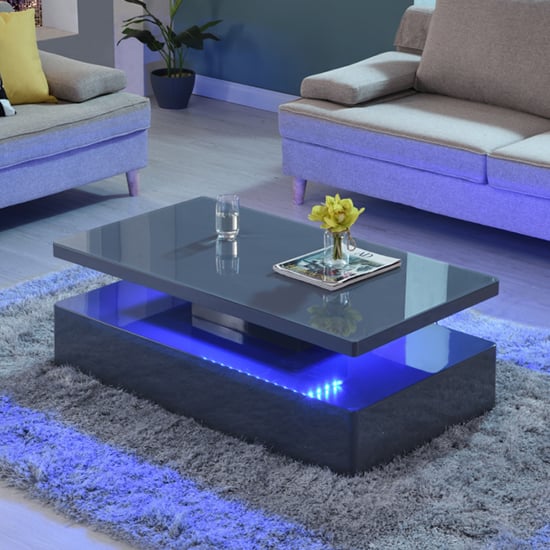 Product photograph of Quinton Glass Top High Gloss Coffee Table In Grey With Led from Furniture in Fashion