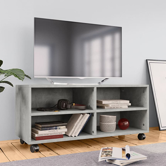Product photograph of Qusay Wooden Tv Stand With Castors In Concrete Effect from Furniture in Fashion