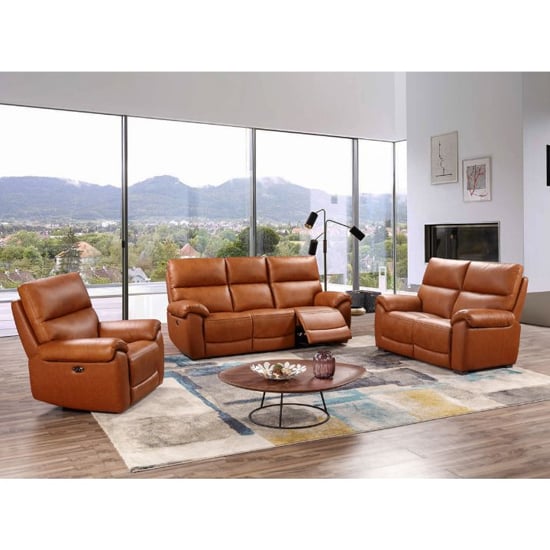 Product photograph of Radford Leather Electric Recliner Sofa Suite In Tan from Furniture in Fashion
