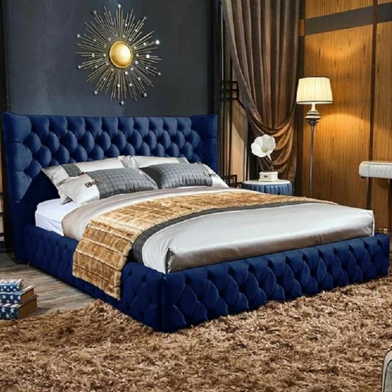 Read more about Radium plush velvet upholstered small double bed in blue