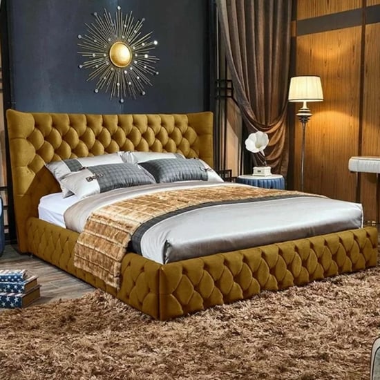 Read more about Radium plush velvet upholstered small double bed in mustard