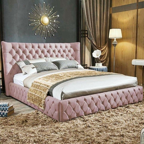 Read more about Radium plush velvet upholstered small double bed in pink