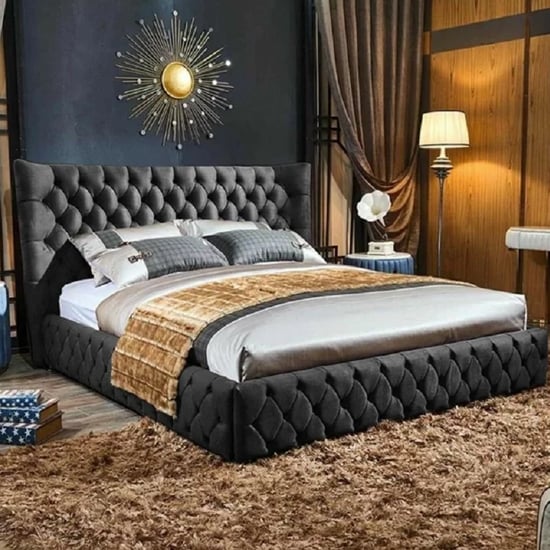Product photograph of Radium Plush Velvet Upholstered Super King Size Bed In Steel from Furniture in Fashion