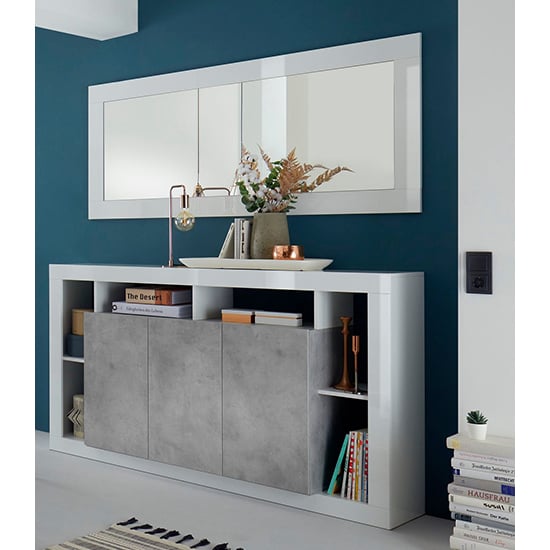 Product photograph of Raya High Gloss Sideboard With 3 Doors And Mirror In White from Furniture in Fashion