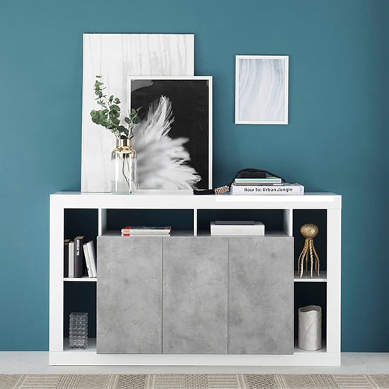 Product photograph of Raya High Gloss Sideboard With 3 Doors In White Concrete Effect from Furniture in Fashion