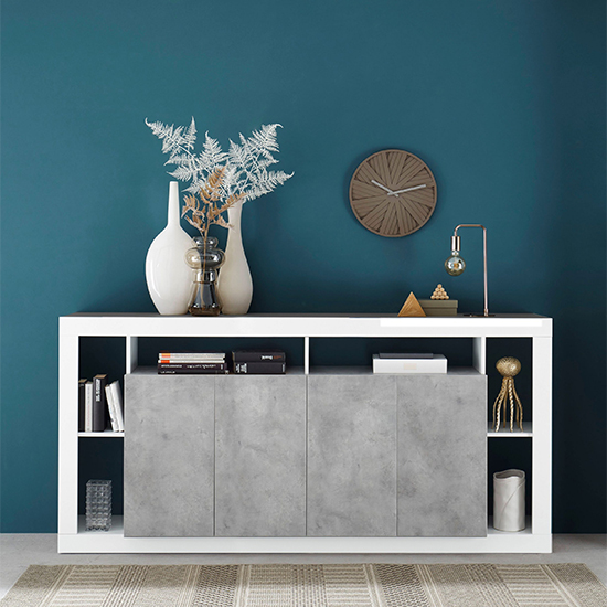 Product photograph of Raya High Gloss Sideboard With 4 Doors In White Concrete Effect from Furniture in Fashion