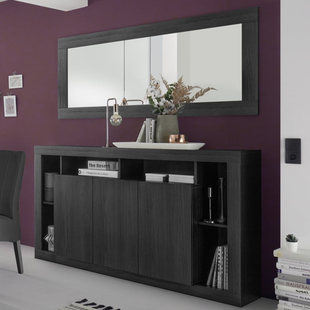 raya wooden sideboard with 3 doors and mirror in black oak