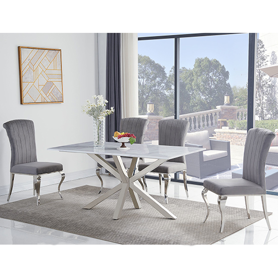 Product photograph of Redlands White Marble Dining Table With 4 Liyam Grey Chairs from Furniture in Fashion
