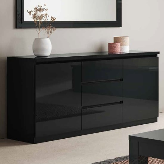 Product photograph of Regal High Gloss Sideboard With 2 Doors 3 Drawers In Black from Furniture in Fashion