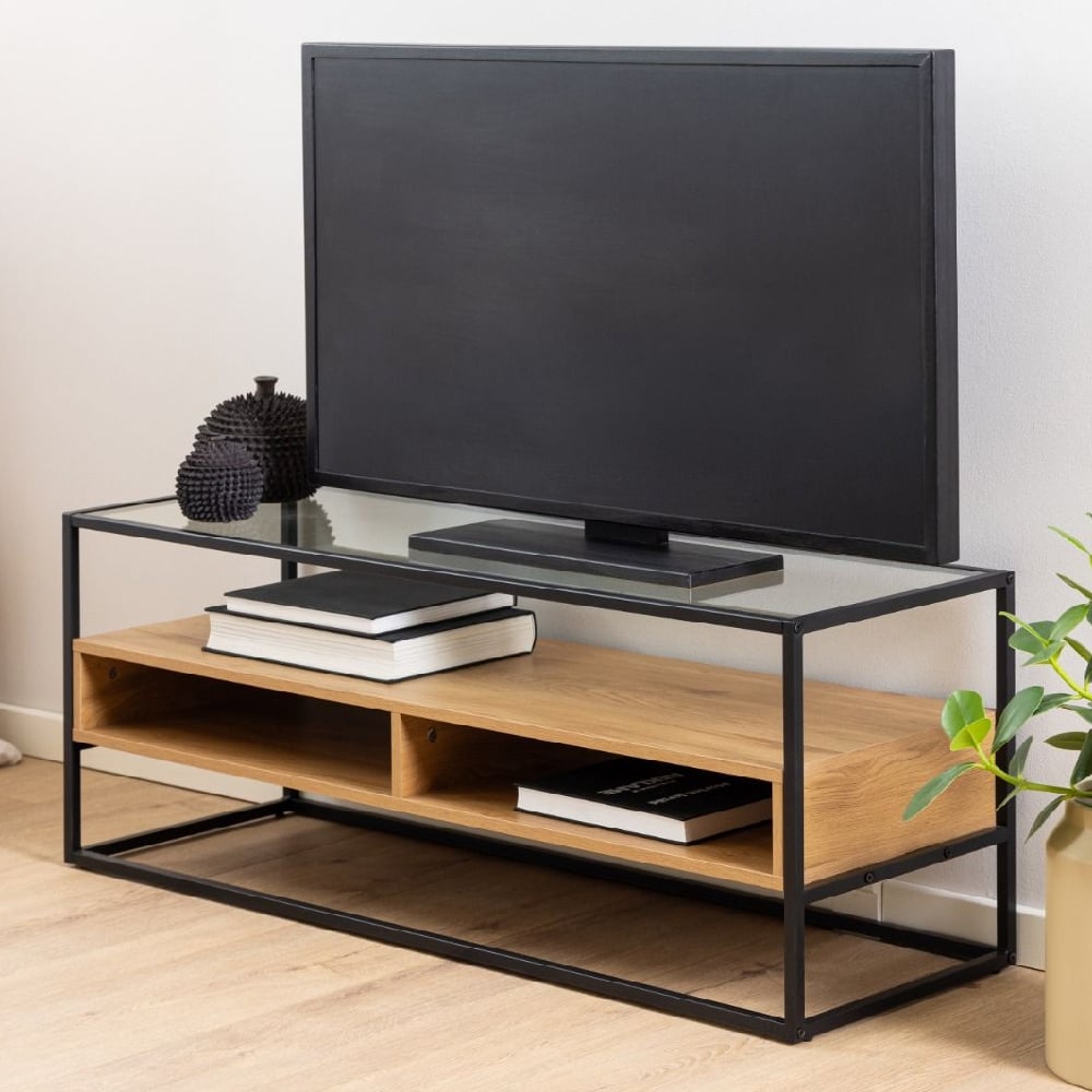 regina glass top tv stand with oak shelves and black metal frame