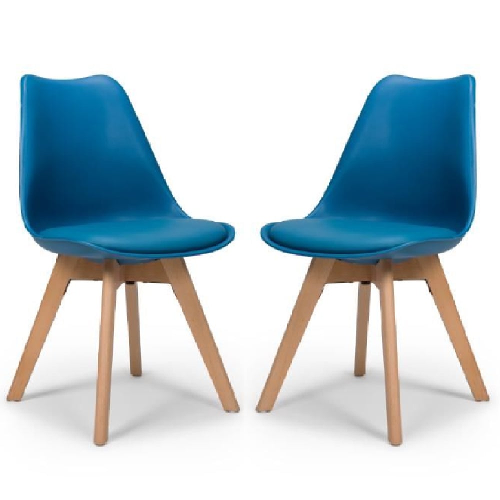 regis blue leather dining chairs with oak legs in pair