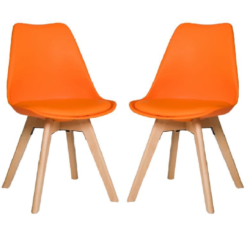 regis orange leather dining chairs with oak legs in pair