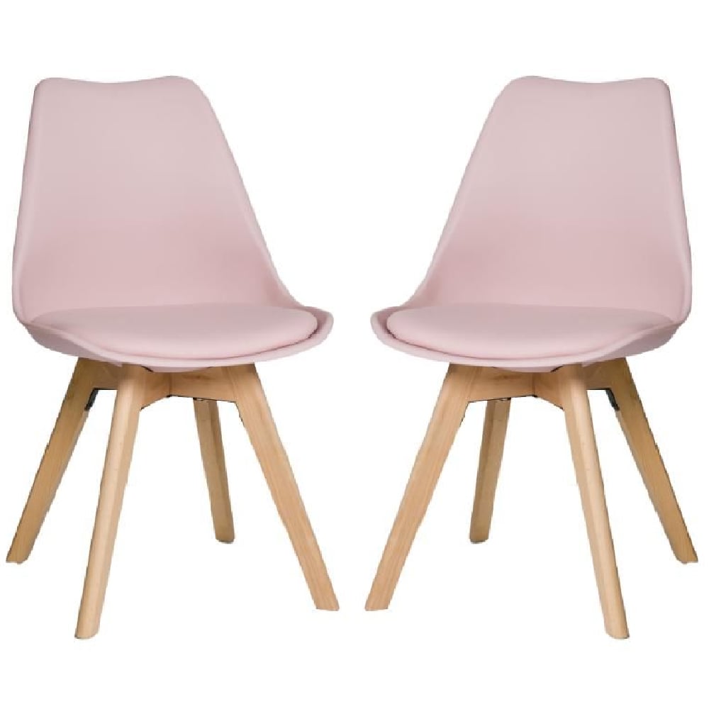 regis pink leather dining chairs with oak legs in pair