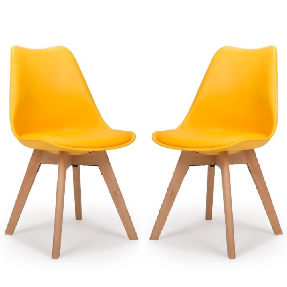 regis yellow leather dining chairs with oak legs in pair