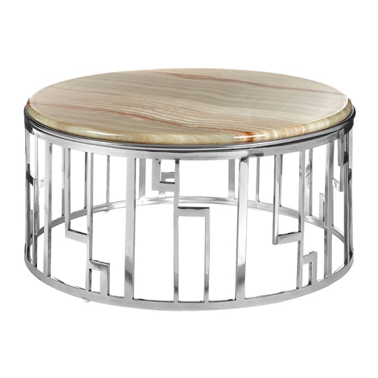 Read more about Relics natural onyx stone round coffee table with silver base