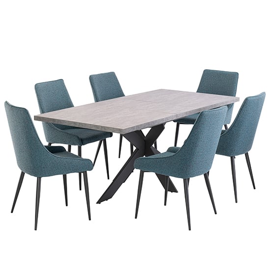 Photo of Remika light grey extending dining table 6 remika teal chairs