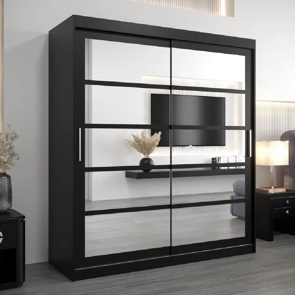 reston mirrored wardrobe with 2 sliding doors in black