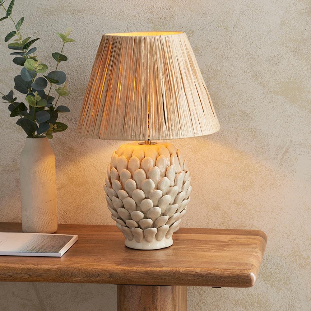 Product photograph of Reston Natural Fabric 30cm Shade Ceramic Table Lamp In Ivory from Furniture in Fashion