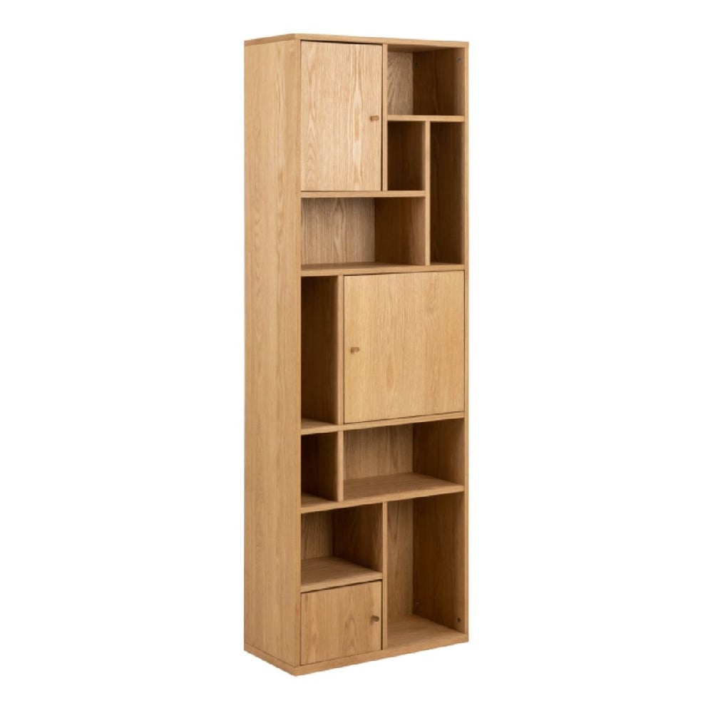 reston wooden bookcase with 3 doors and 8 shelves in oak