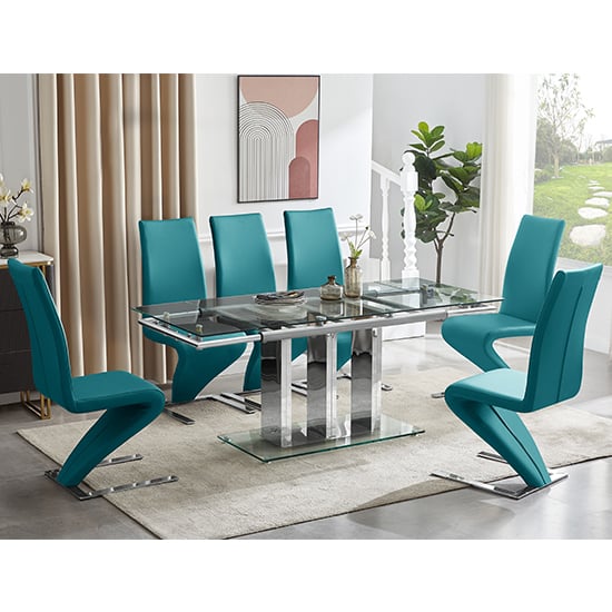 Photo of Rihanna extending clear dining table with 6 demi z teal chairs