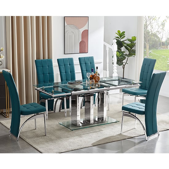 Photo of Rihanna extending clear dining table with 6 ravenna teal chairs