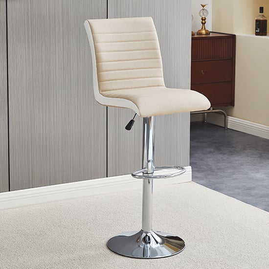 Photo of Ritz faux leather bar stool in taupe and white with chrome base