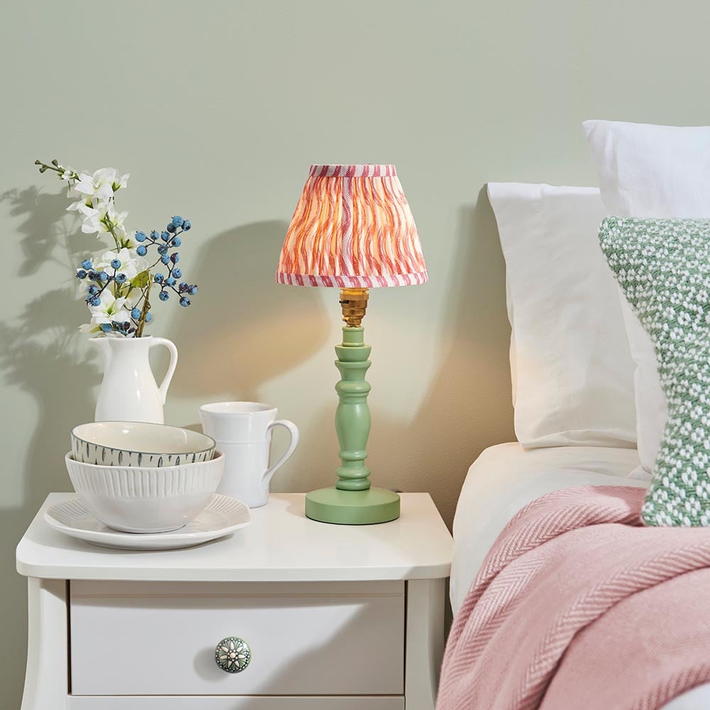 Read more about Riyadh coral pink 16cm shade wood table lamp in cotswold green