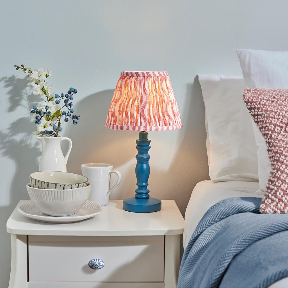 Product photograph of Riyadh Coral Pink 20cm Shade Wood Table Lamp In Marlin Blue from Furniture in Fashion